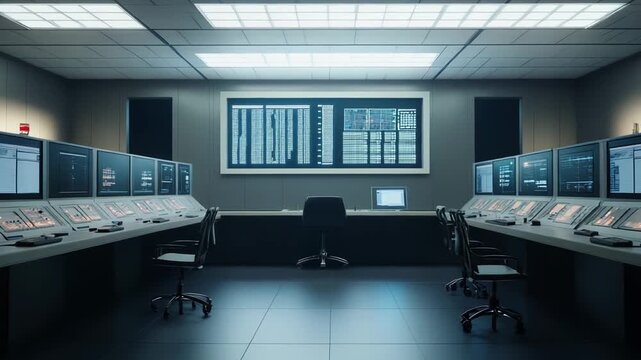 Modern control room featuring multiple screens displaying complex data, advanced panels, and empty chairs, representing surveillance, security, and information management infrastructure