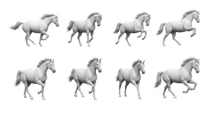 eight white horses in different gaits against a bright white background motion studies educational content