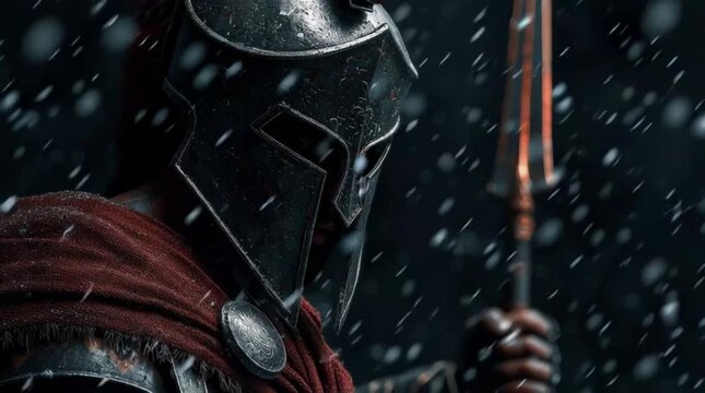 Ancient warrior in armor holding spear amidst falling snow