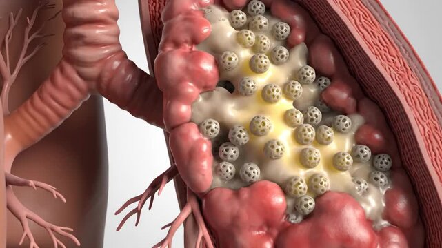 Internal anatomical view of a biological tube with reddish-pink walls cut open to reveal yellowish material containing numerous porous spherical gray and yellow objects