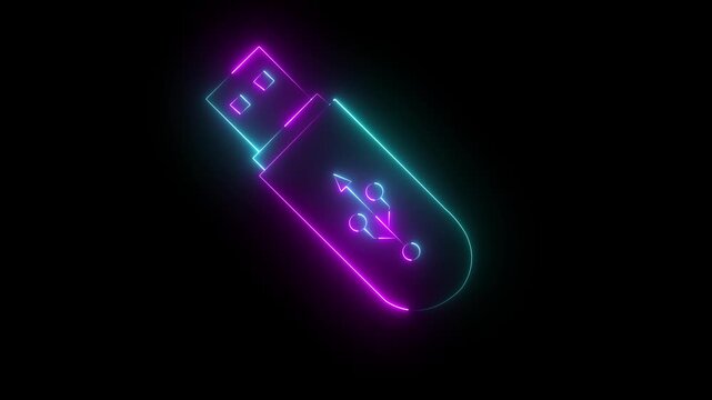 Glowing neon USB pen drive icon isolated on black background. USB drive icon animation. Security, safety, protection concept. USB flash drive icon neon animation