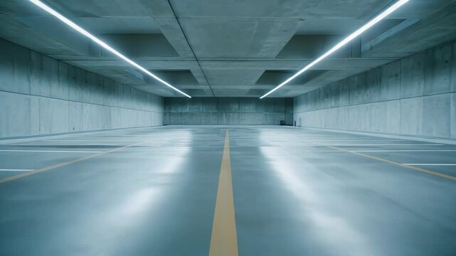 Clean concrete structure of an empty parking facility featuring linear lighting, a yellow dividing line, and white parking spots, conveying a sense of urban infrastructure and space