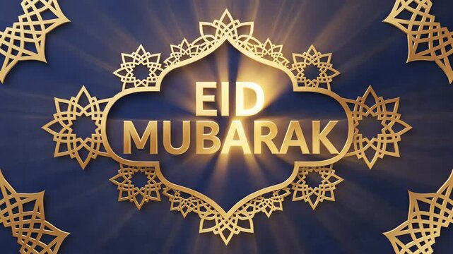 Elegant golden Eid Mubarak greeting text with intricate Islamic geometric patterns on a deep blue textured background, featuring subtle light rays and a luxurious festive atmosphere, perfect