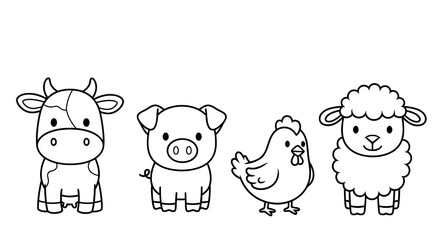Hand Drawn set of farm animals Coloring Book Illustration Designs &ndash; Detailed Black and White Line Art Pages for Kids and Adults