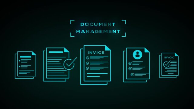 Five cyan line representing documents and invoices with checkmarks and user data, accompanied by the text DOCUMENTMANAGEMENT on a dark, high-tech background emphasizing digital