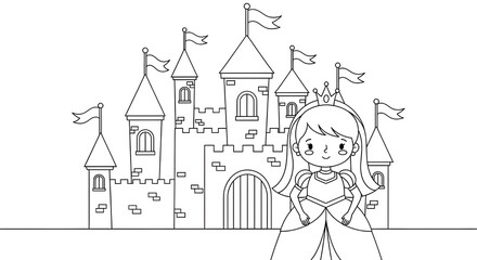 Hand Drawn Princes and castle Coloring Book Illustration Designs &ndash; Detailed Black and White Line Art Pages for Kids and Adults