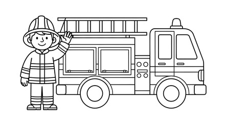 Hand Drawn fire fighter Coloring Book Illustration Designs &ndash; Detailed Black and White Line Art Pages for Kids and Adults