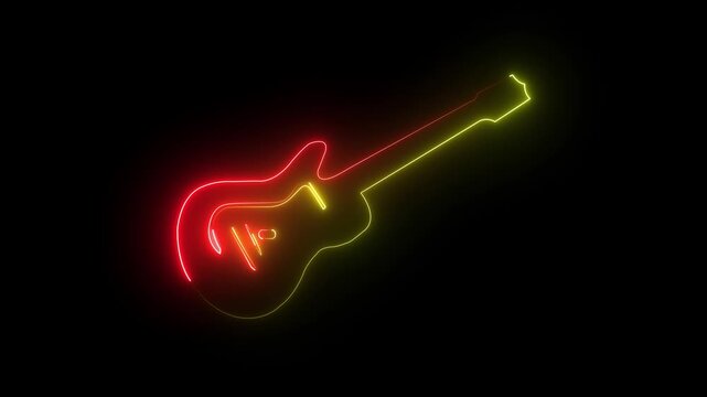 Glowing neon guitar icon animation music neon icon with line design isolated Eye-Catching Neon Electric Bass Guitar animation on black background