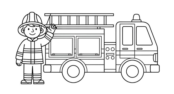 Hand Drawn fire fighter Coloring Book Illustration Designs &ndash; Detailed Black and White Line Art Pages for Kids and Adults
