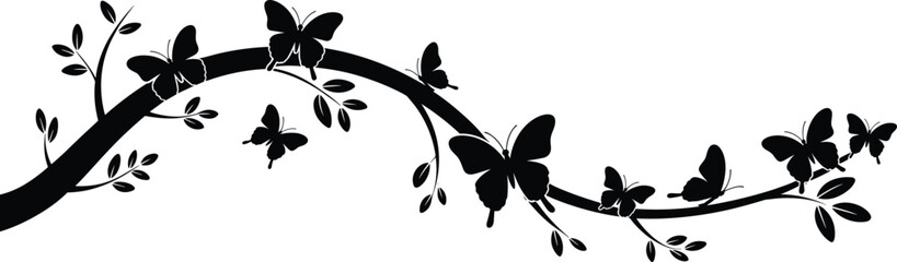 Butterfly silhouette on tree branch, decorative nature illustration with flying butterflies and leaves design © Aminul