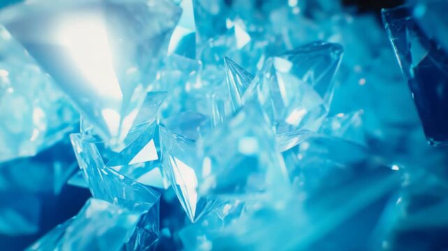 Blue crystals creating an abstract pattern, reflecting and refracting light, forming a captivating geometric background showcasing clear triangular shapes and sparkling brilliance