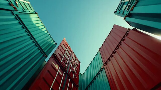 Stacked colorful shipping containers creating a frame against a clear blue sky, illustrating international trade, cargo transportation, and industrial freight logistics