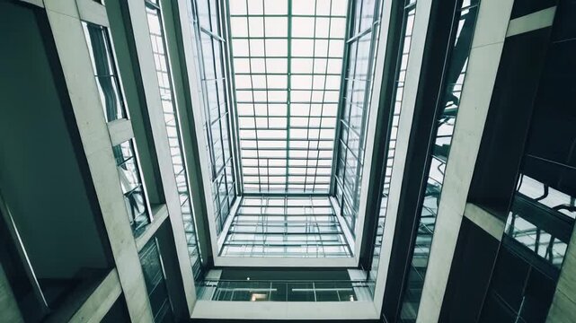 Building atrium with layered levels and clear glass ceiling, flooded with natural light, minimalist concrete and glass geometry emphasizing symmetry, openness and modern design