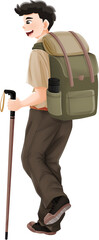A young man with a backpack, holding a walking stick, ideal for travel, hiking, or outdoor activity promotions.