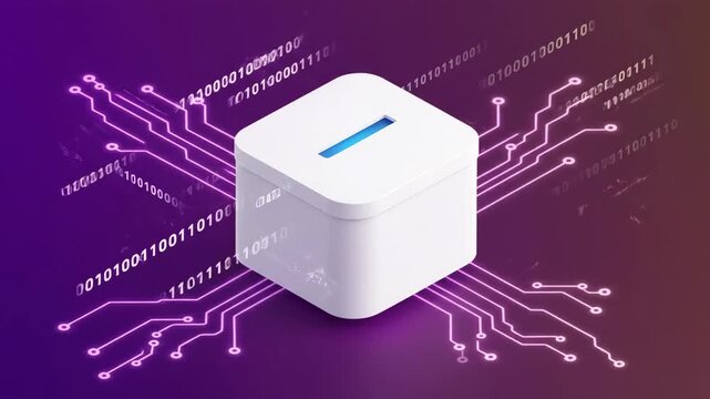 Blockchain data cube process animation. Cryptocurrency digital information flow in abstract cyber circuit. Network technology.