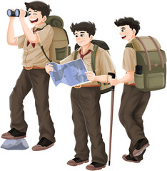 Three young hikers with backpacks on outdoor adventure, suitable for travel, outdoor, or tourism content.