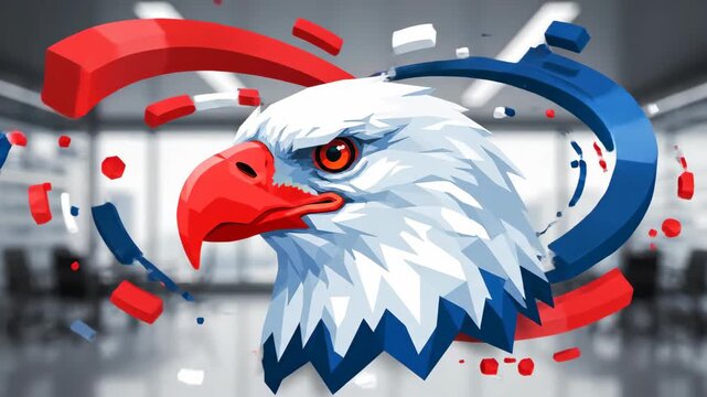 Cartoon bald eagle head with blue and red shapes moving in office background. Patriotic bird animation for national celebration.