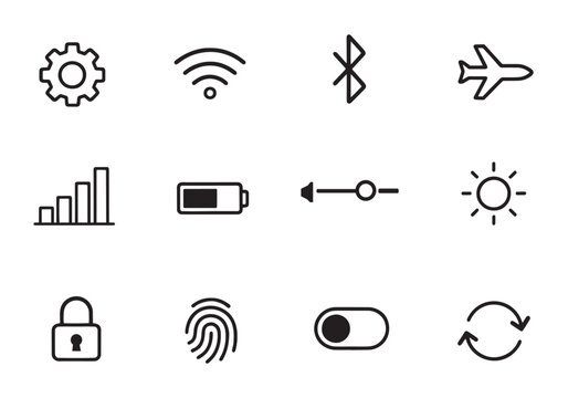 Device settings and system control icon set. Wifi, bluetooth, battery and security symbols. Clean line vector pack.