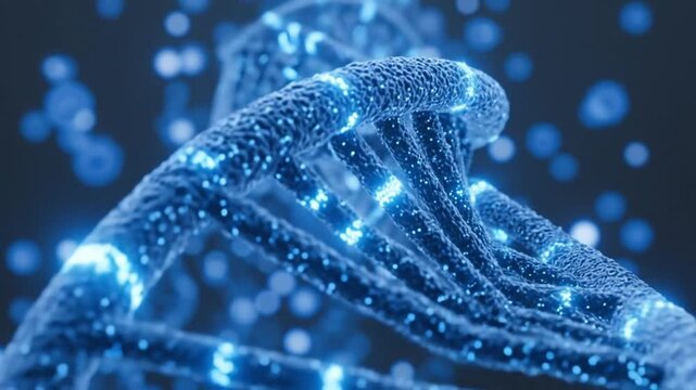 A glowing blue DNA double helix structure with light particles, representing genetics and molecular biology.