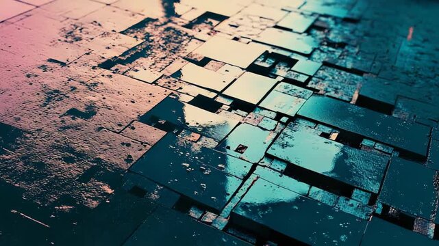 Abstract geometric pattern forming a grungy digital surface texture, displaying a blend of vibrant colors and reflective qualities, ideal for technology and data concepts