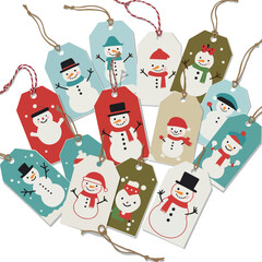 Fototapeta premium Snowman Tags with Red Hats and Scarves Minimalist Flat Design Vector