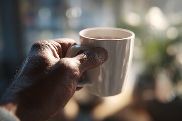Hand holding white ceramic coffee mug with blurred warm morning light background