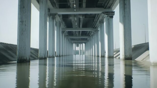 Concrete bridge pillars creating a long tunnel like perspective over calm water, reflecting the structure and emphasizing infrastructure, symmetry, and architectural grandeur in an urban setting