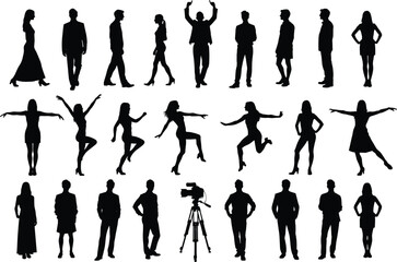 Business men and women silhouettes set, professional people standing walking and dancing poses collection, black vector illustration isolated