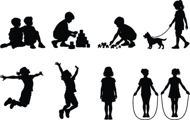 Obraz premium Children playing and jumping silhouettes set, kids daily activities and leisure poses collection, black vector illustration isolated