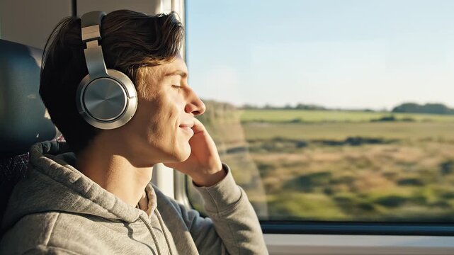 A young man wearing headphones looks out at the rural scenery through a train window, creating an emotional cinematic opening scene for a road trip movie or a coming-of-age film.