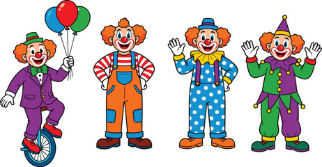 Colorful circus clown characters collection, happy cartoon performers with balloons and unicycle, isolated white background illustration © VectoBloom