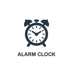Simple graphic of a dark blue alarm clock with the text alarm clock