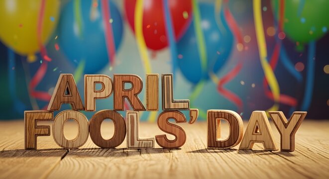 April fools' day celebration with colorful balloons and wooden letters