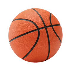 A close-up view of a classic orange basketball with black lines isolated on transparent background