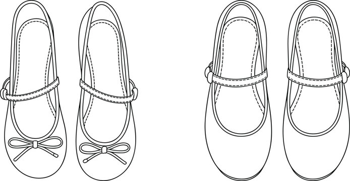 Girls Ballet Flats with Strap Technical CAD Drawing, Top View Flat Vector Illustration Footwear Design Template