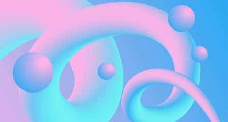 Abstract fluid shapes and spheres with soft pastel pink and blue gradient background creating a dreamy aesthetic