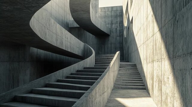 Abstract architecture features a spiral staircase and multiple levels, highlighting strong shadows and bright light across exposed concrete creating a minimalist brutalist aesthetic
