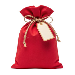 A festive red gift bag with a decorative bow and twine handle isolated on transparent background