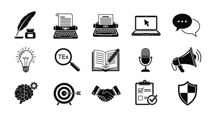 Collection of black icons representing writing communication and creativity © Baby Collection