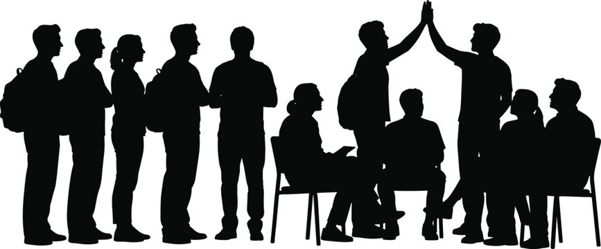People group silhouettes collection set, friends meeting talking and high five gesture, teamwork and communication concept