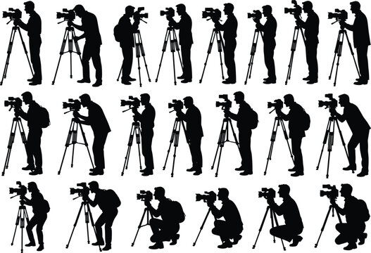 Professional cameraman silhouettes collection, video camera operator filming action poses set, black vector illustration isolated