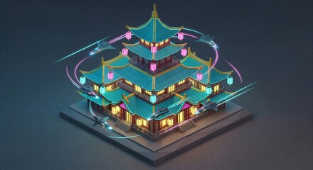 Chinese Pagoda-Style Building with Neon Circle