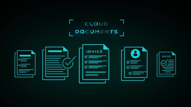 Of cloud documents concept with glowing blue document arranged in a sequence on a dark background, representing online data storage and accessibility for businesses