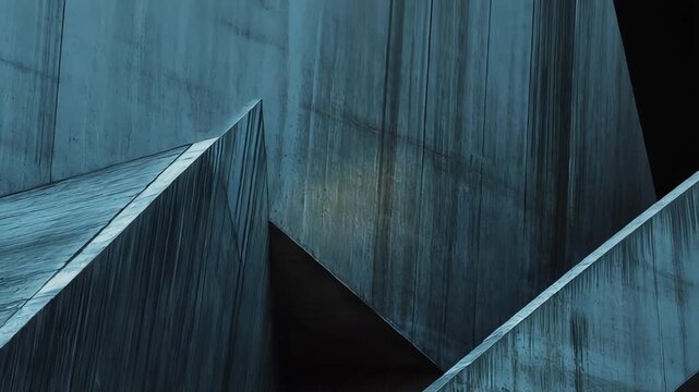 Brutalist concrete architecture creating a dynamic abstract composition and geometric pattern with sharp angles. Deep shadows. And an unexpected warm glowing light source illuminating a hidden corner