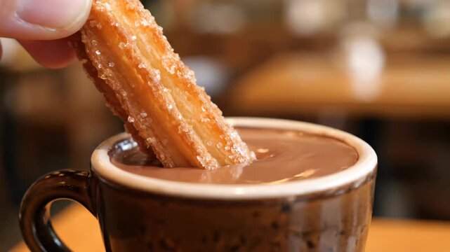 Woman dipping golden fried churro with sugar into a mug of hot chocolate. Delicious dessert snack food with warm sweet drink.