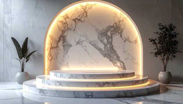 Luxurious marble stage with arch, subtle lighting, and potted plants for an elegant presentation
