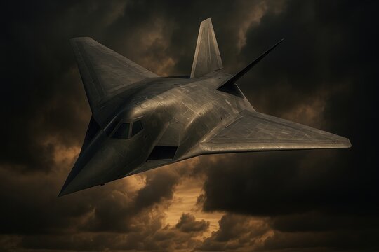 Stealth aircraft amidst stormy skies.