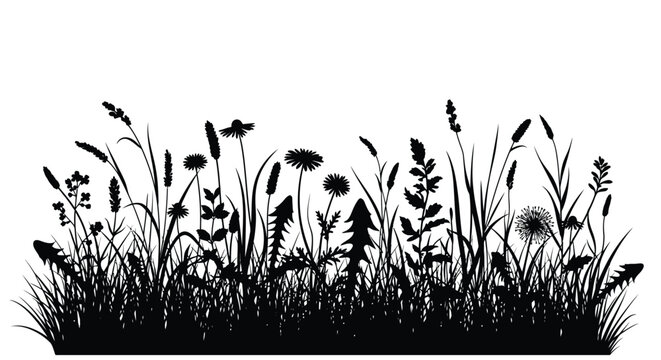 Black and white silhouette of wildflowers and tall grasses against a stark white background