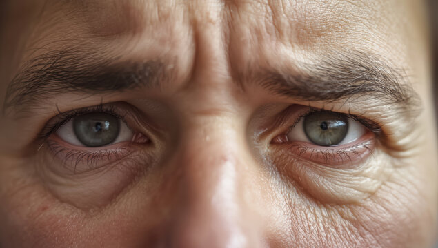 Tired green eyes close up with wrinkles and furrowed brow conveying fatigue