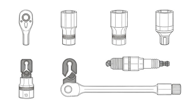 Socket Set Collection &ndash; Ratchet, Deep and Impact Sockets Technical Line Art CAD Illustration